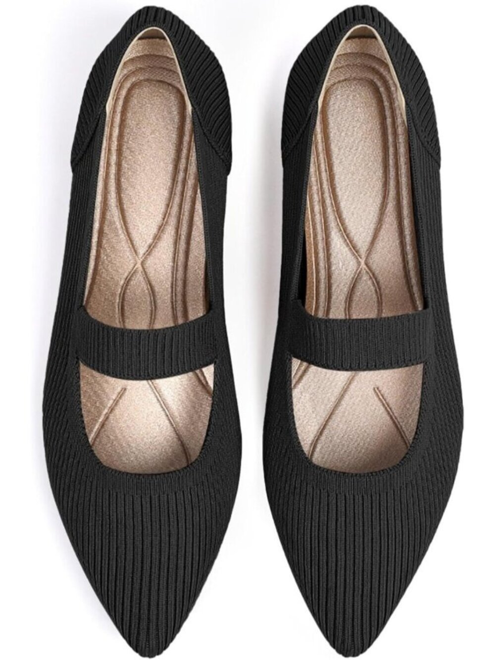 Women's Black Knit Mary Jane Flats Pointed Toe Pull On Comfortable Flats Shoes